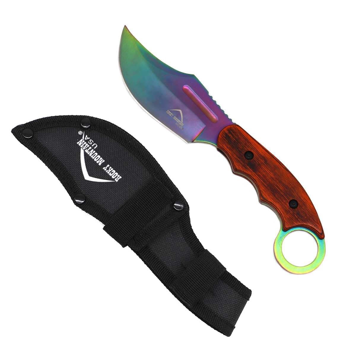 Rocky Mountain Hunting Knife - 4 1/2" Rainbow Blade / Wood Handle