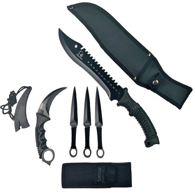 Falcon 5 Pieces Black Set Hunting Set (Machete, Karambit, Throwing Knives.)