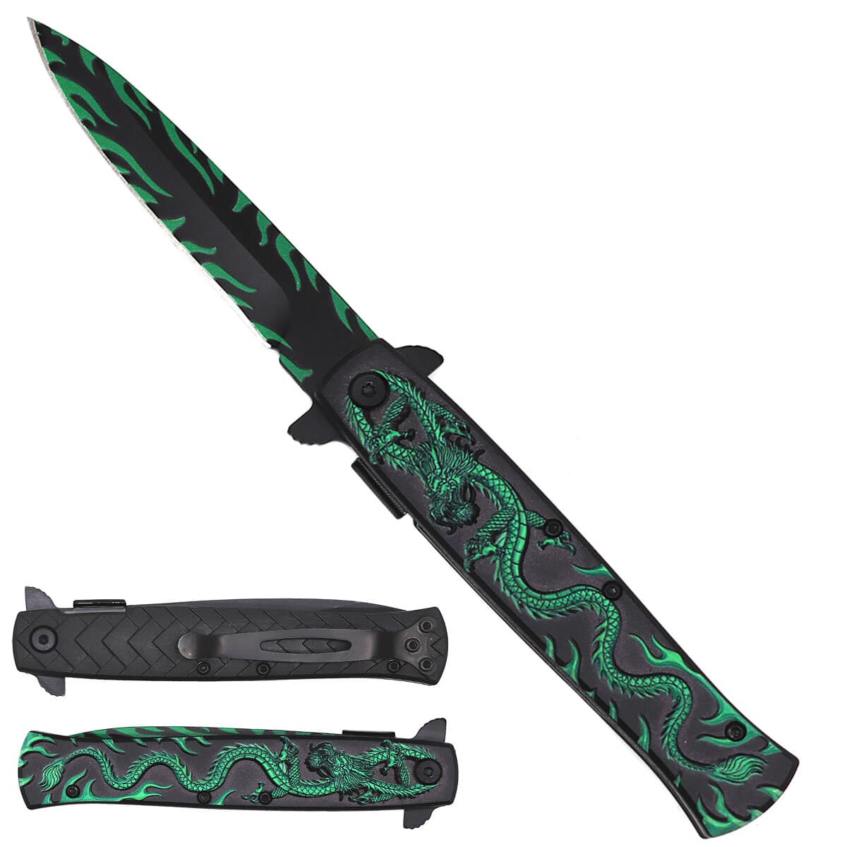 8" Pocket Knife Green Dragon Handle 3 1/2" Blade Folding knife. W/black wood design on handle
