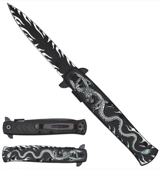 8" Pocket Knife Green Dragon Handle 3 1/2" Blade Folding knife. W/black wood design on handle