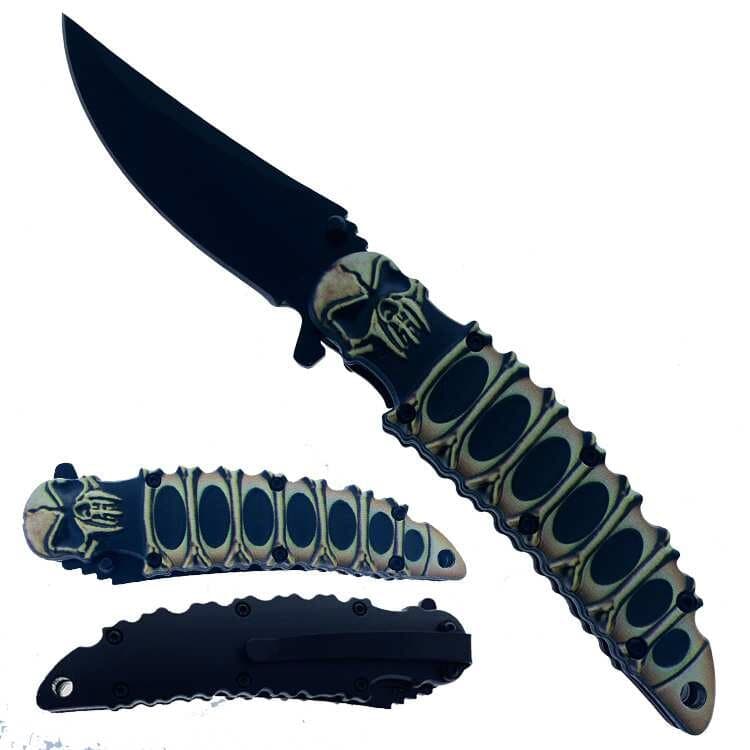 8.25" Skull Handle Pocket Knife with Belt Clip