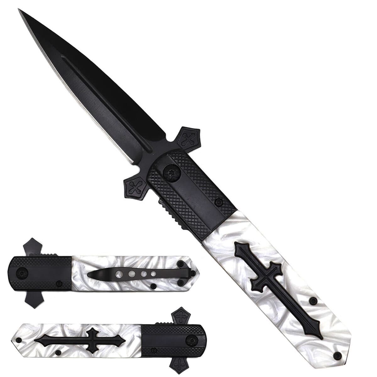3 1/2 " Black Blade / White Handle w Cross
