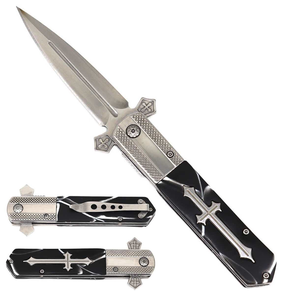 3 7/8 " Silver Blade / Black Handle w Cross