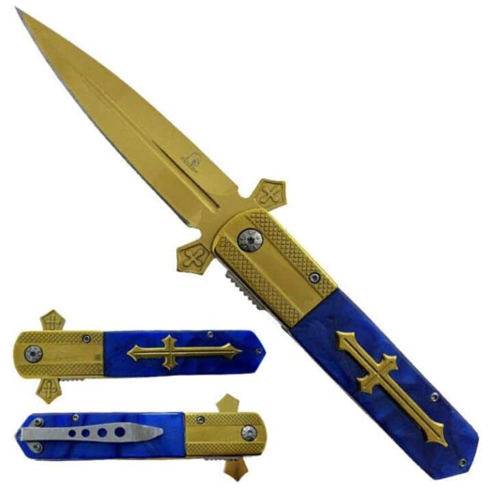 3 7/8“ Gold Blade / Blue Handle w Cross