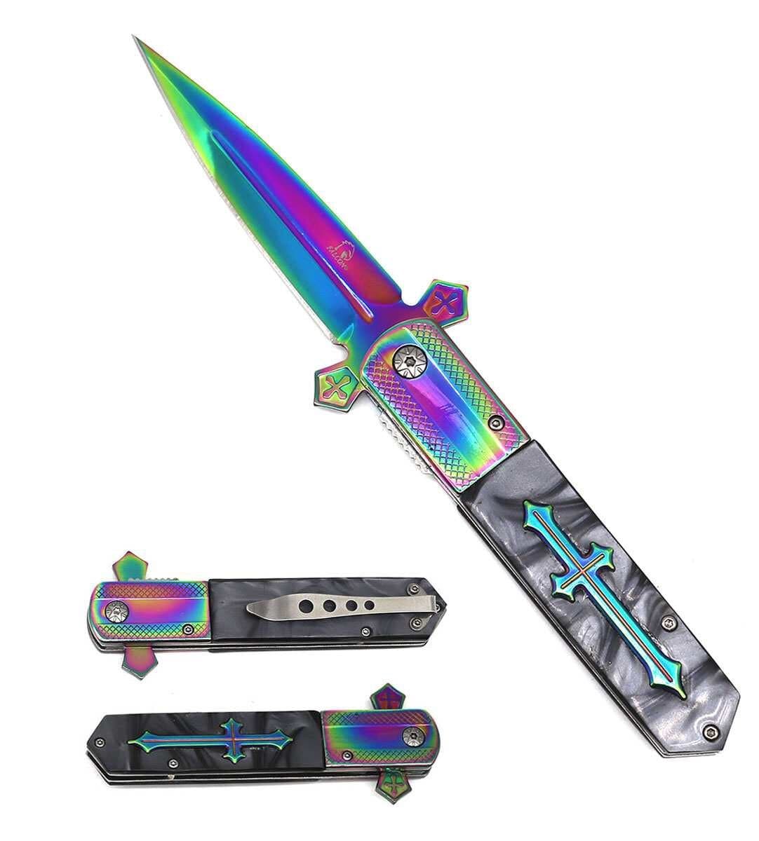 Falcon 8 7/8" Rainbow Blade Gray Damascus Handle Pocket Knife