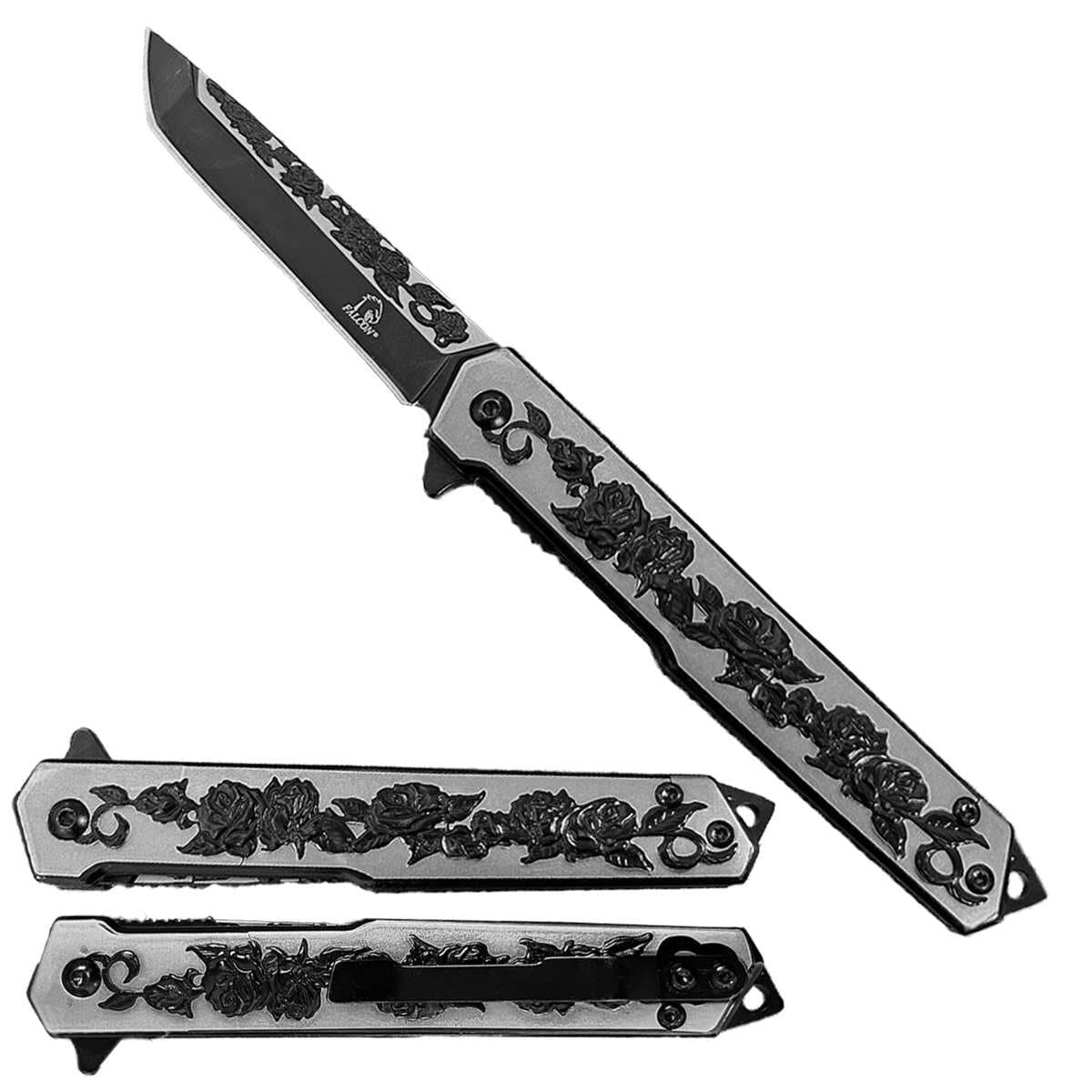 Falcon Knife - Rose Engraving on Handle EDC Pocket Knife