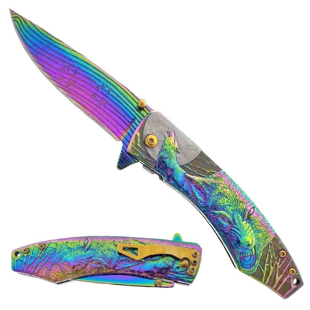 7.75" Rainbow Pocket Knife w/Rainbow Wolf