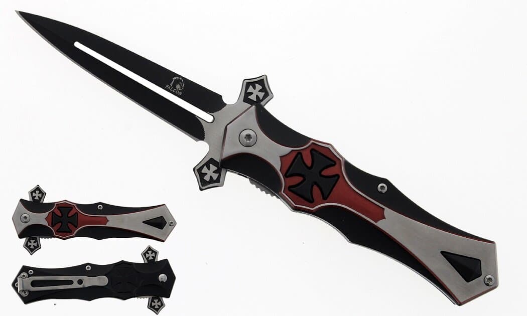 Falcon 8 1/2" Black & Red Cross Blade Spring Assisted Knife