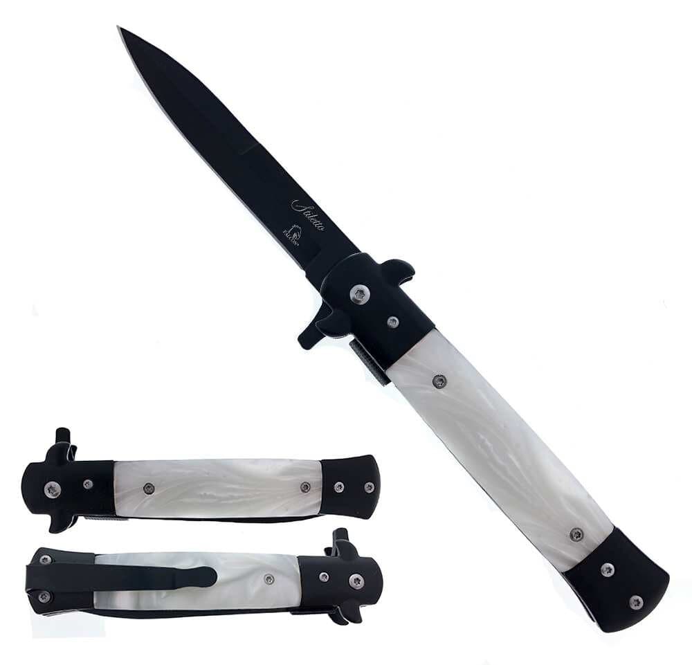 Falcon 9" Overall Stiletto Knife w/ faux White Marble Acrylic handle