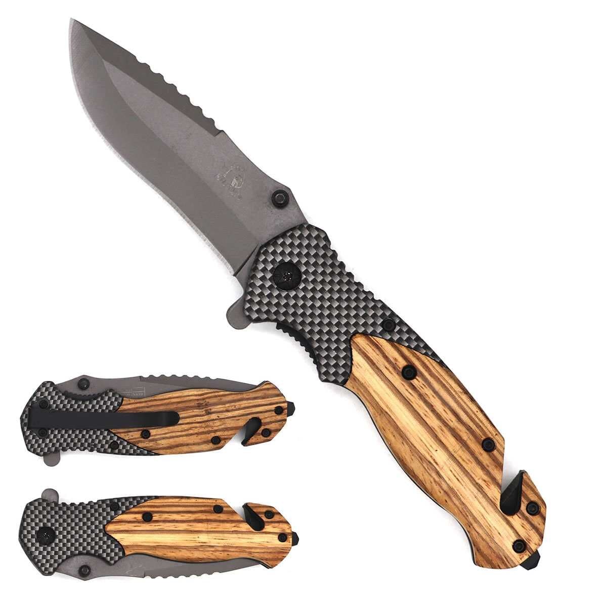 Falcon 8" Grey Blade With Wood & Carbon Fiber Handle Pocket Knife
