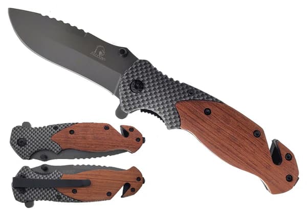 Falcon 8" Grey Blade With Wood & Carbon Fiber Handle Pocket Knife