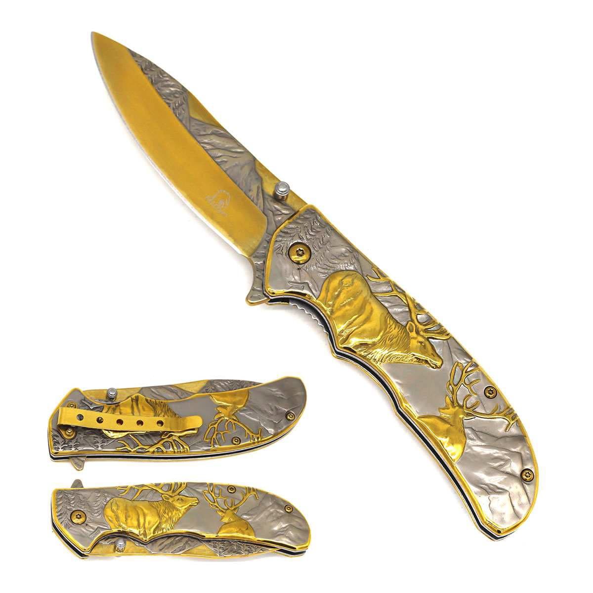 4.75" Deer Embossed Solid Steel Outdoor Folding Pocket Knife